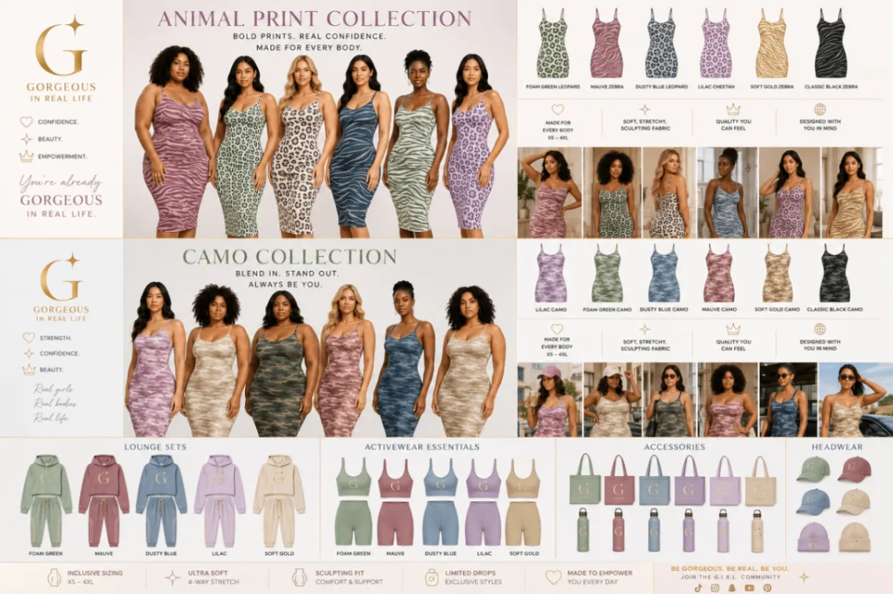 G.I.R.L. seasonless apparel catalog with dresses, camo, and activewear in inclusive XS–4XL sizing