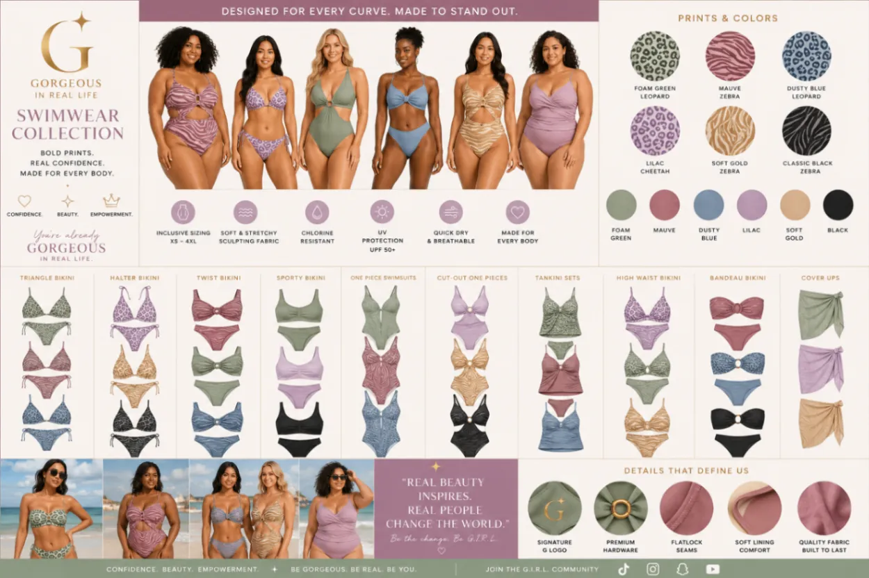 G.I.R.L. inclusive seasonless swimwear collection in sizes XS–4XL