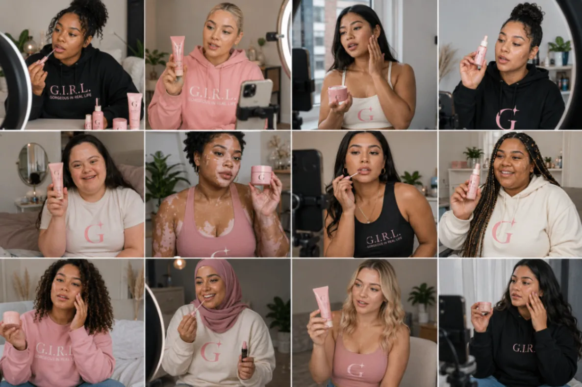 Inclusive G.I.R.L. community collage showing diverse creators with different skin tones, body types, and personal styles using skincare and apparel
